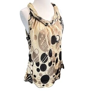 Dressbarn Women's Y2K Sleeveless Halter Top Beige Brown Black Circle Print Large